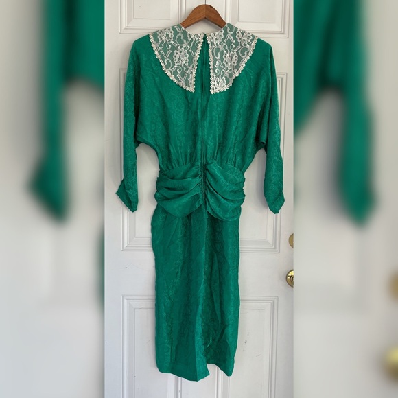 Jodi Schwartz Bill Berman Vintage 80s Satin Lace Collar Brocade Dress USA Made - Picture 2 of 5